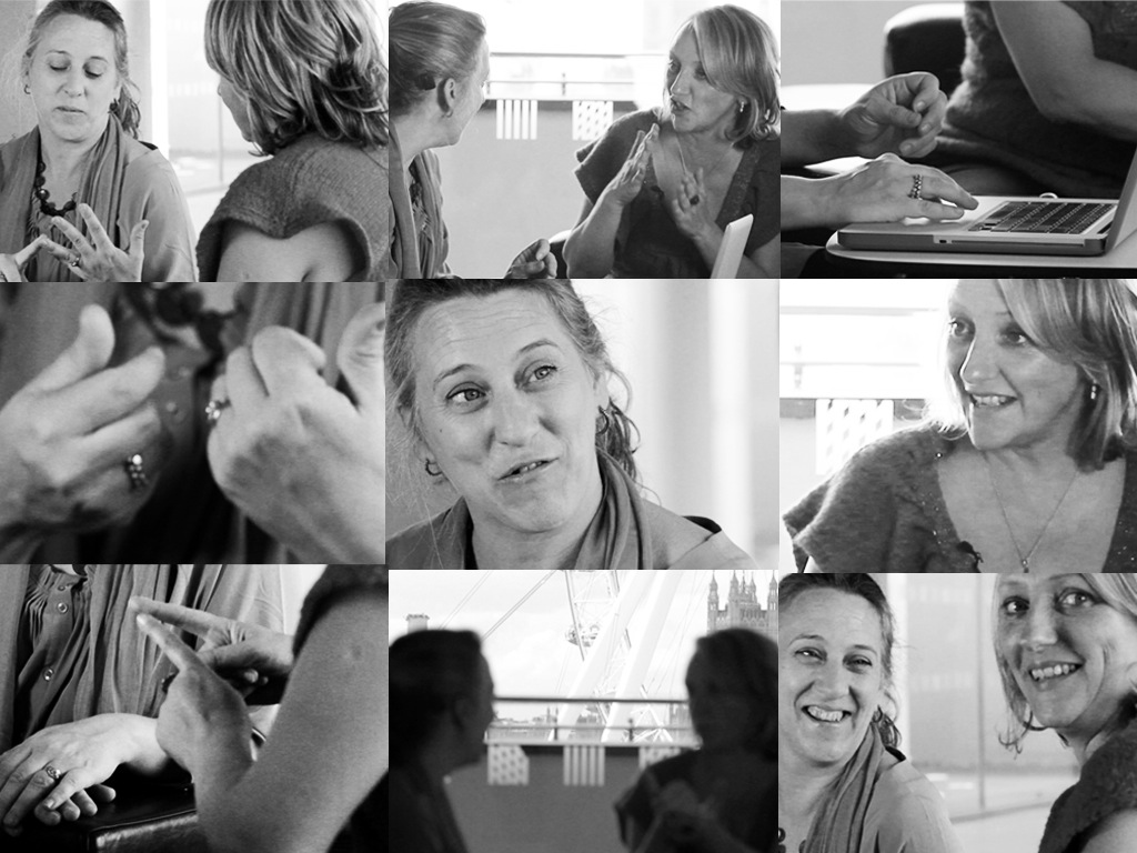 A series of nine pictures in a block, all of Jo Verrent and Sarah Pickthall in conversation (black and white)