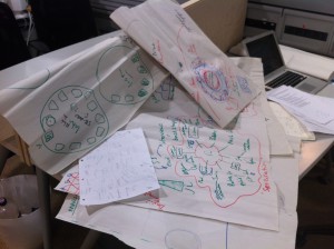 A pile of flip chart sheets that formed the basis of the original application