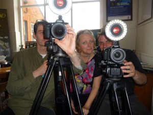 Sarah inbetween Vince John and John Durrant - the film team for PUSH ME and their cameras