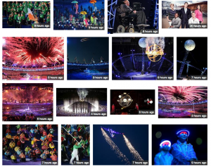 A screen grab of many different images from the opening ceremony - showing fireworks, umbrellas, excitement, stephen Hawkings and the stadium lit up.