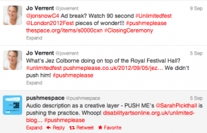 A screen shot showing three tweets: One to John Snow asking him to watch the films in his ad break, one about Jez on top of the Royal Festival Hall and one about using audio desctiption as a creative layer.