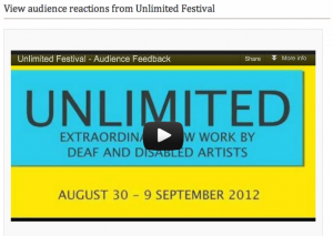 screen grab of the unlimited audience reaction film shot by ACE - black text on a blue and yellow background