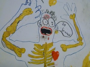 a painted head and torso - skeleton like, with blue outline and yellow 'ribs'. the face is cartoon like - big bulging eyes and an open mouth saying 'I'm scared'