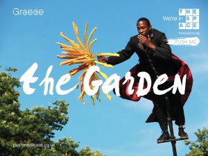 A photo of an actor on s sway pole holding a flower, text reads the garden, graeae, push me.