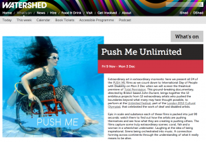 A screen shot of the Watershed site featuring Push Me, the image is Sue Austin in her underwater wheelchair