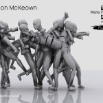 A model of a kickboxer with short arms caught whilst kicking - we see lots of versions of him as he makes a move. Text reads push me, simon mckweown, motion disabled unlimited.